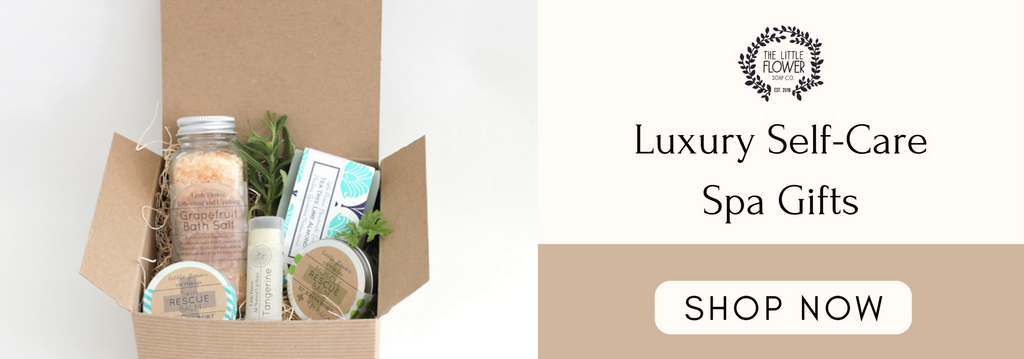 Spa gift box with bath salt handmade soap lip balm chapstick natural rescue balms muslce rescue salve and skin rescue lotion from a small business in an eco friendly gift box ready to ship as a christmas birthday or anniversary gift for women