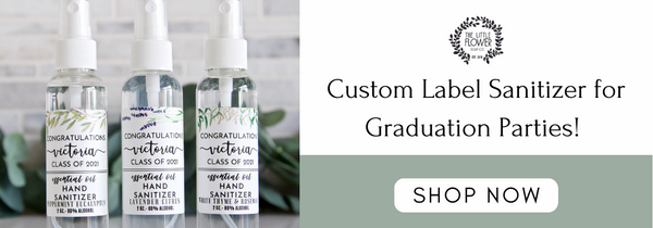 3 bottles of hand sanitizer spray small favors for graduation party with custom labels with graduates name and class year in lavender citrus peppermint eucalyptus and white thyme and rosemary scents.