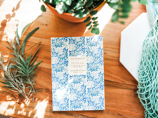 Beautiful journal notebook blue an white botanical print 150 page lay flat lined journal for morning pages