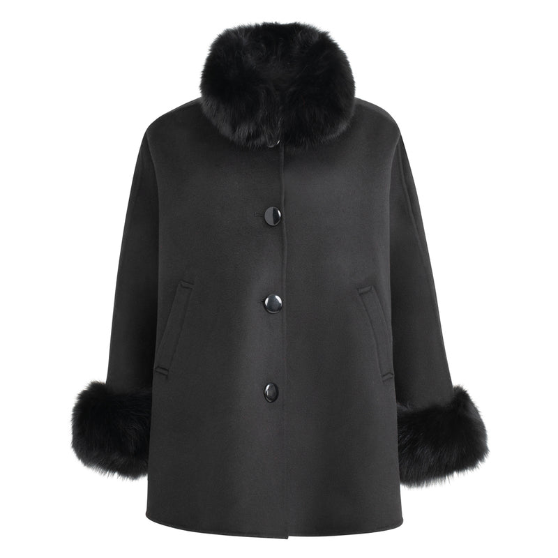 CAPE Button front fox trim cashmere cape – Wolfie Premium Outerwear