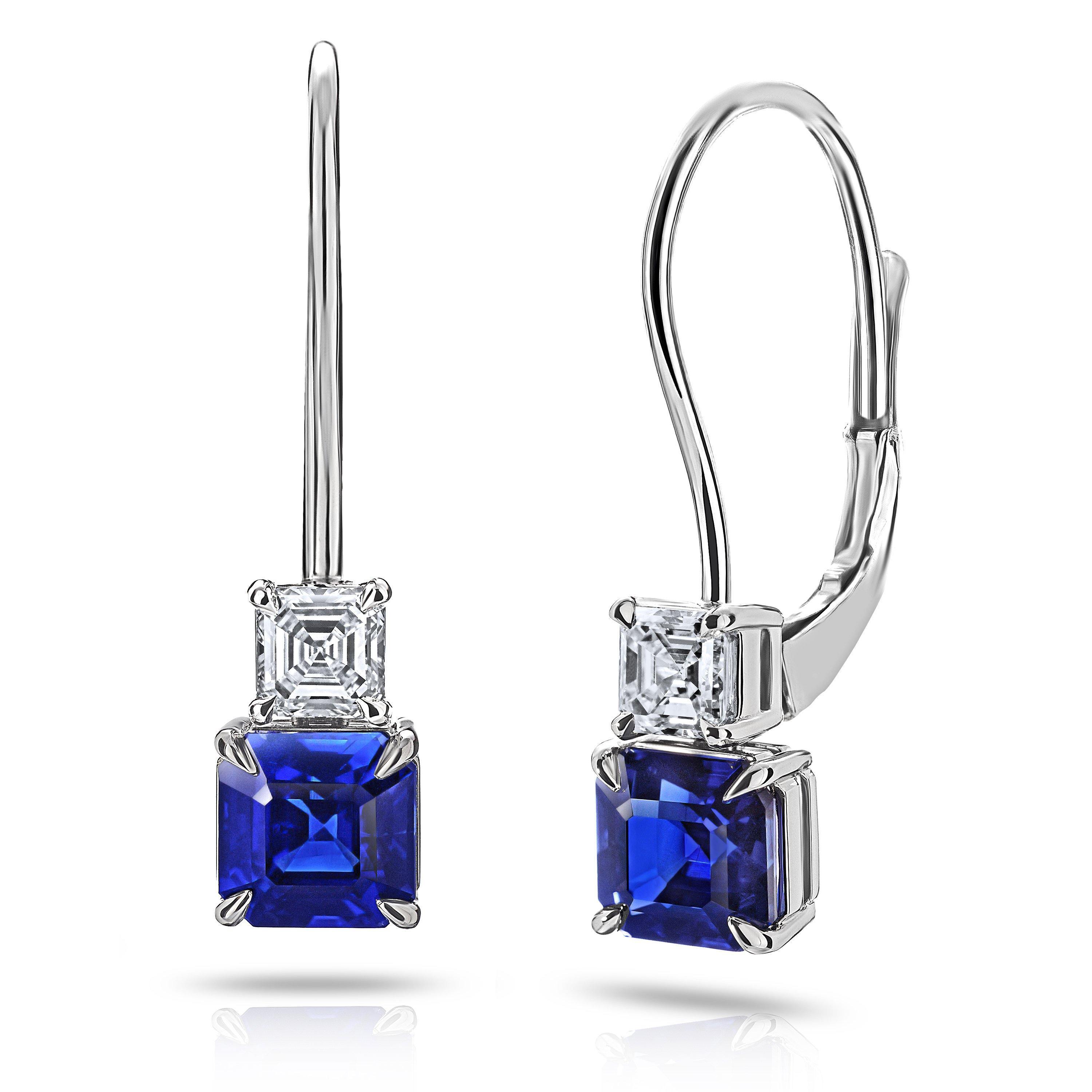 1.31 Carat Blue Asscher Cut Sapphire and Diamond Earrings