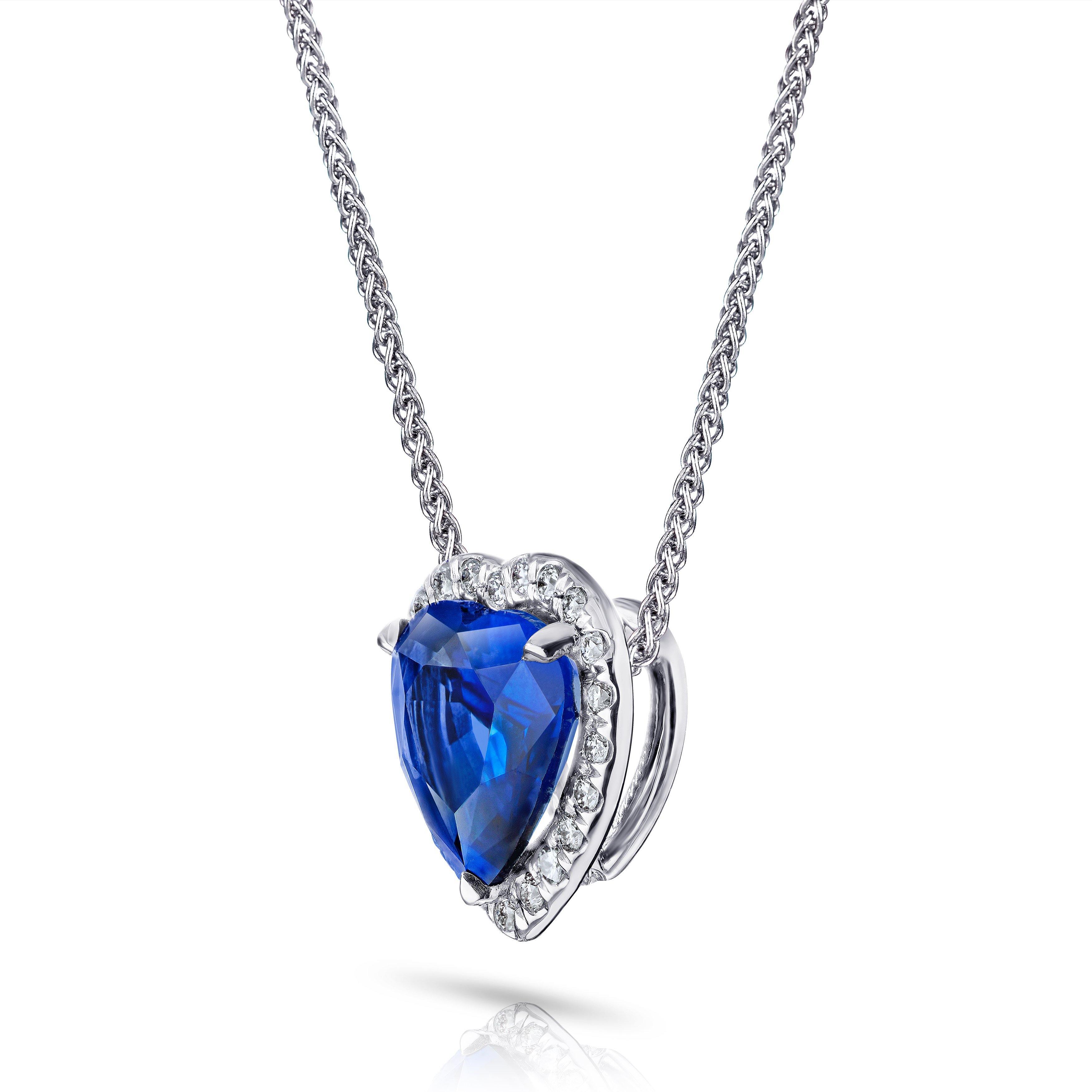 1.68 Carat Blue Heart Shape Sapphire and Diamond Pendant