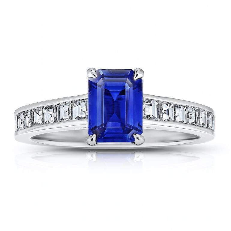 1.50 Carat Emerald Cut Blue Sapphire and Diamond Platinum Ring