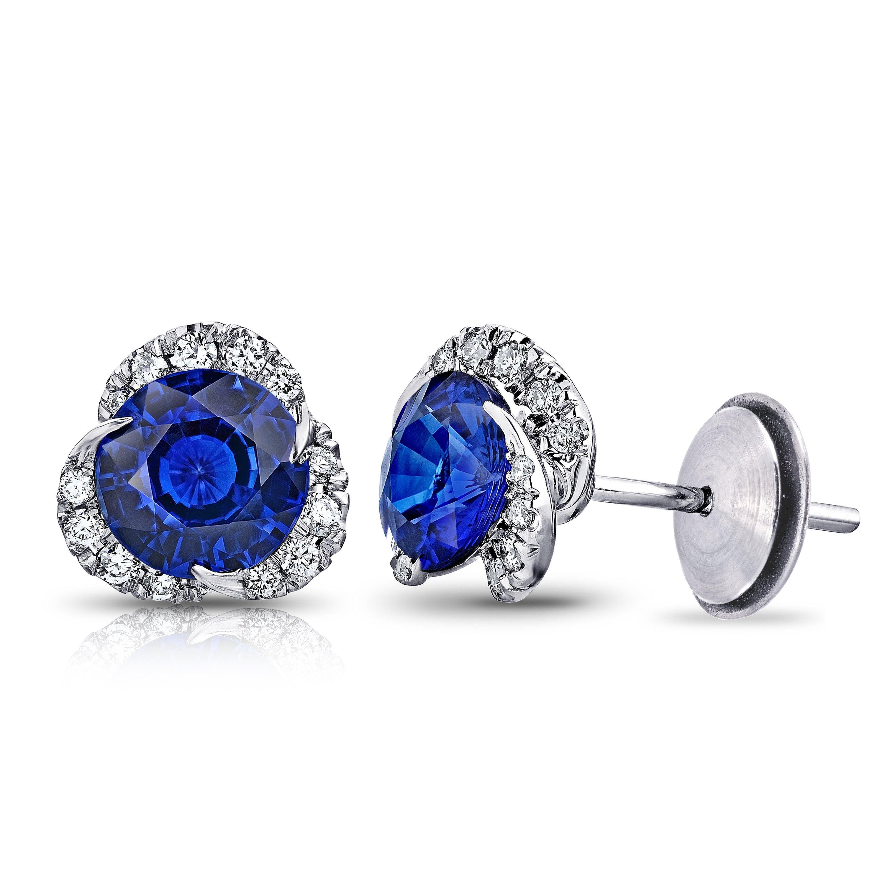 3.30 Carat Round Blue Sapphire and Diamond Halo Platinum Earrings