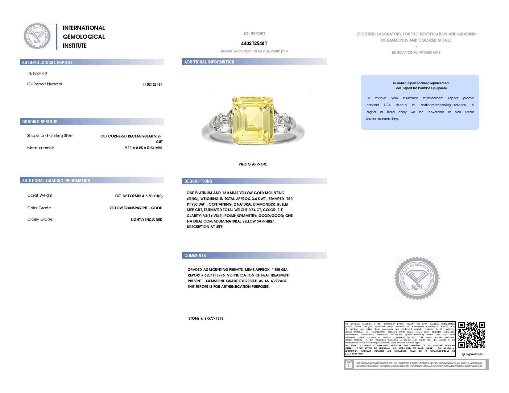 3.80 Carat Emerald Cut Yellow Sapphire and Diamond Ring