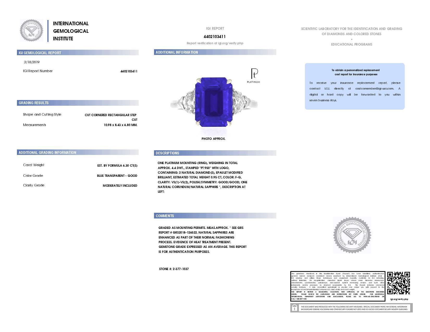 6.30 Carat Emerald cut Blue Sapphire and Diamond Ring