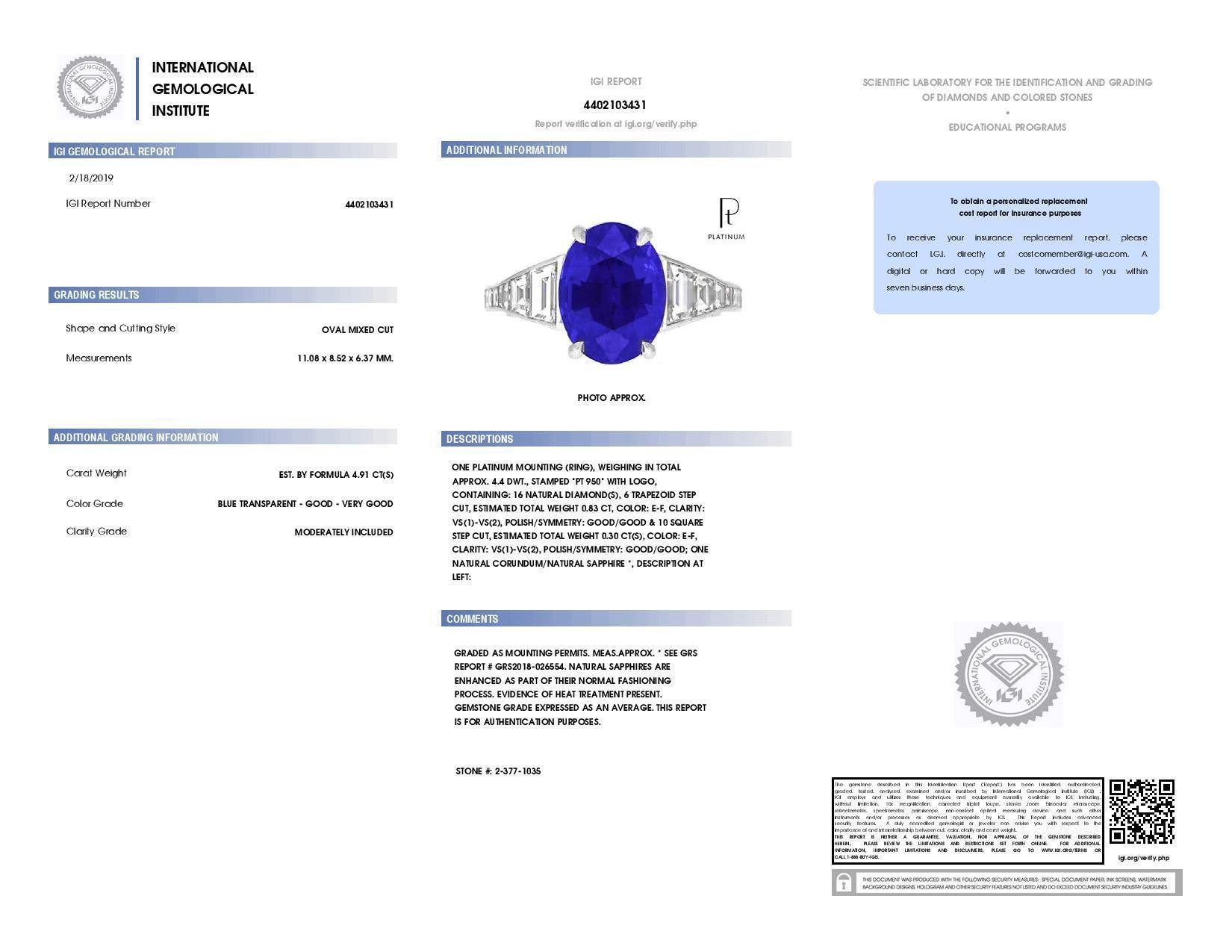 4.91 Carat Oval Blue Sapphire and Diamond ring