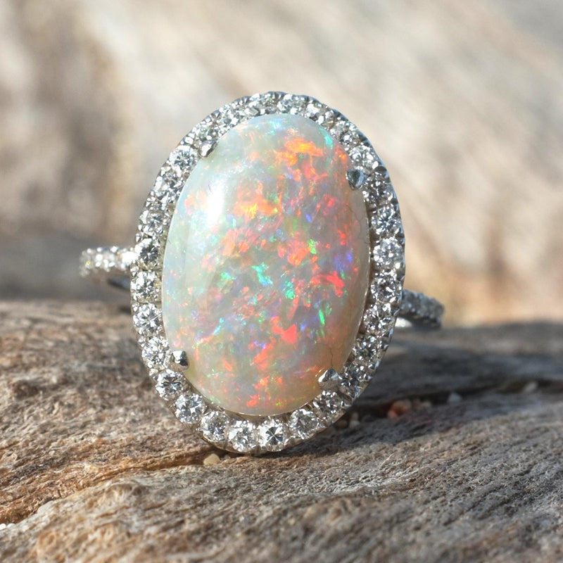 White Gold and Diamond Australian Opal Ring – Rock Angel