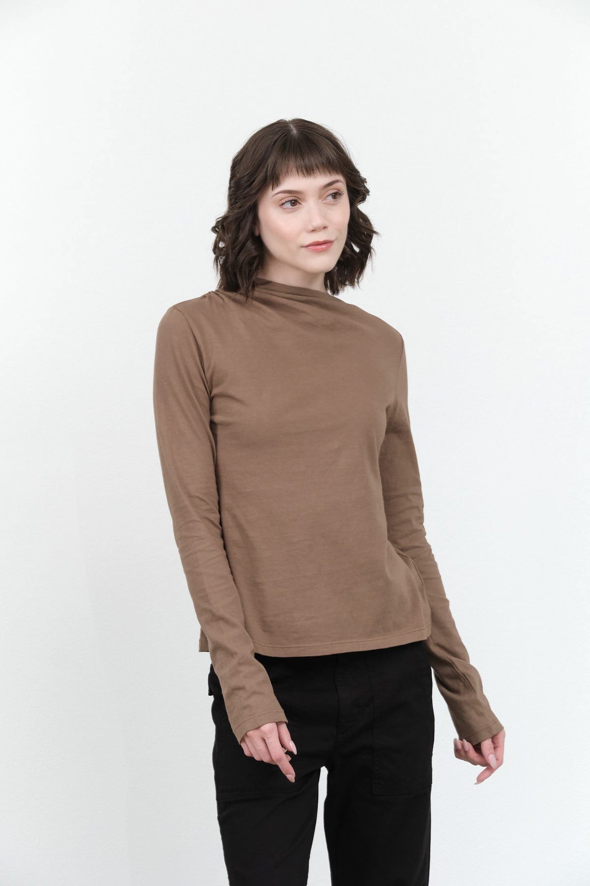 Shirred Neck Rib Top in Warm Grey