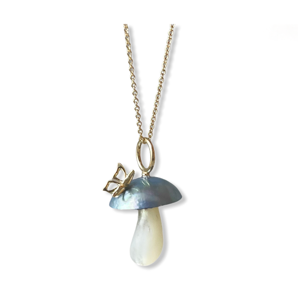 Mushroom Charm Pendant Carved from Blue Mabe Pearl and Mother of Pearl with Gold Butterfly