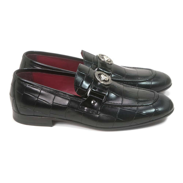 Sigotto Uomo Black Leather Gator Print Loafer with Leather Sole ...