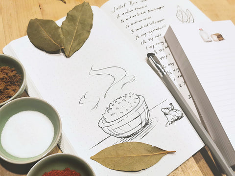 Photo of a recipe in a Stonit notebook with some bay leaves and spices
