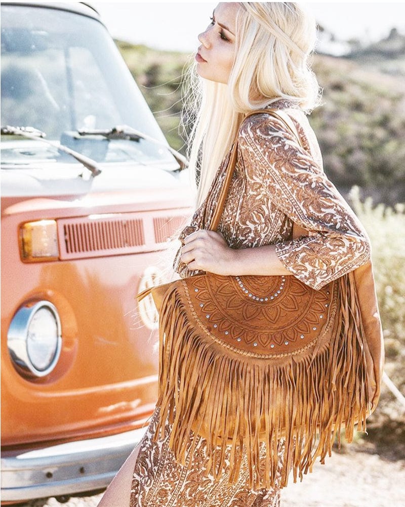 Hand Tooled Black Raven Fringed Leather Boho Bag – Dreamtime Boho