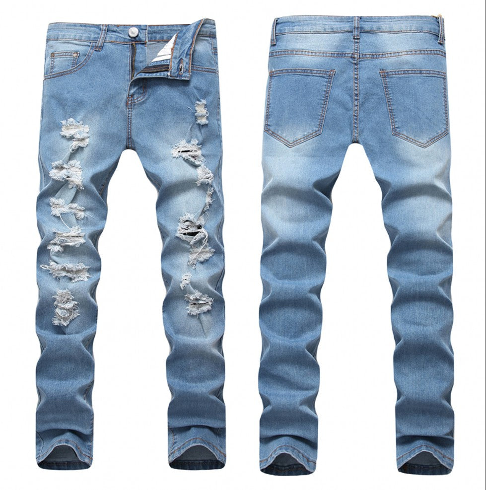 2018 Designer Men's Ripped Jeans Pants Slim Fit Light Blue Denim ...