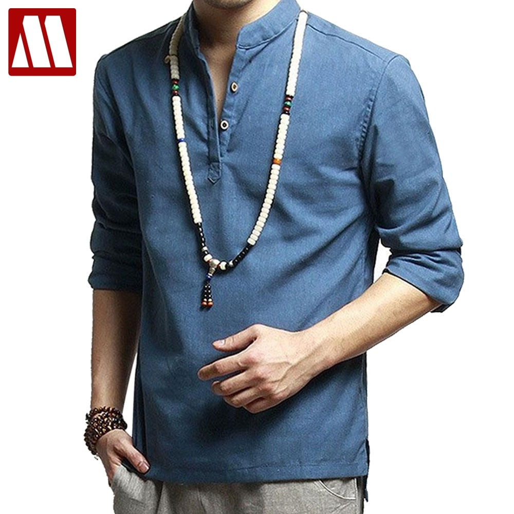 Asian fashion mens pullover shirt for summer long sleeve linen shirts ...