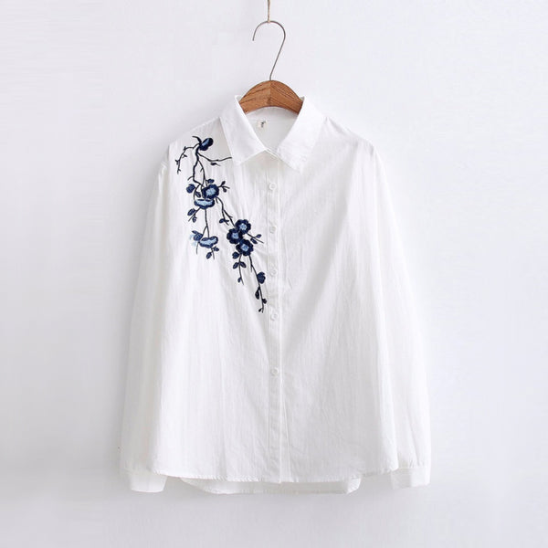 Autumn Floral Embroidery White Long Sleeve Women Blouses Blue Striped ...