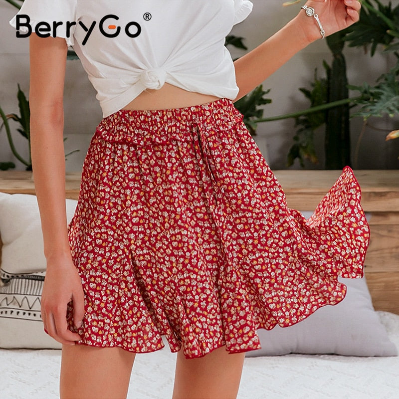 BerryGo Red floral print boho skirts womens 2020 Summer beach bohemian mini  skirt Casual high waist lace up ruffles short skirt | thefashionique