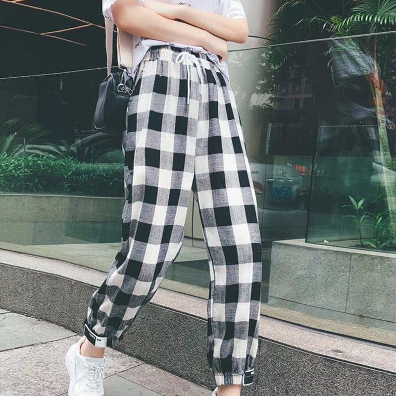 plaid joggers with stripe