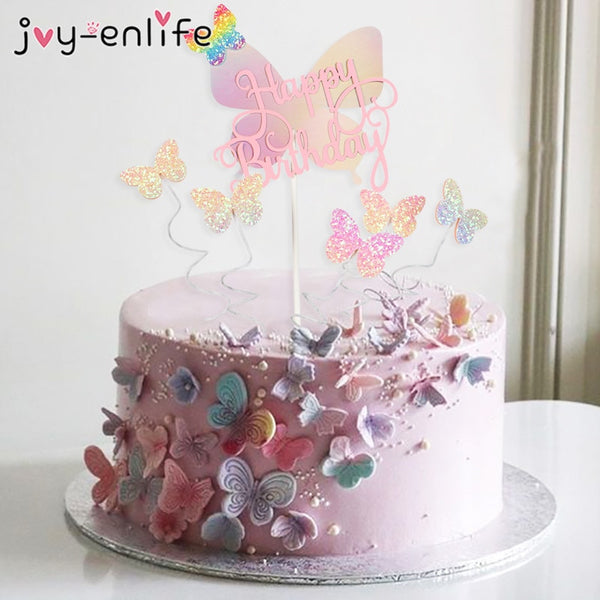 Glittering Laser Butterfly Happy Birthday Cake Topper Wedding Dessert ...