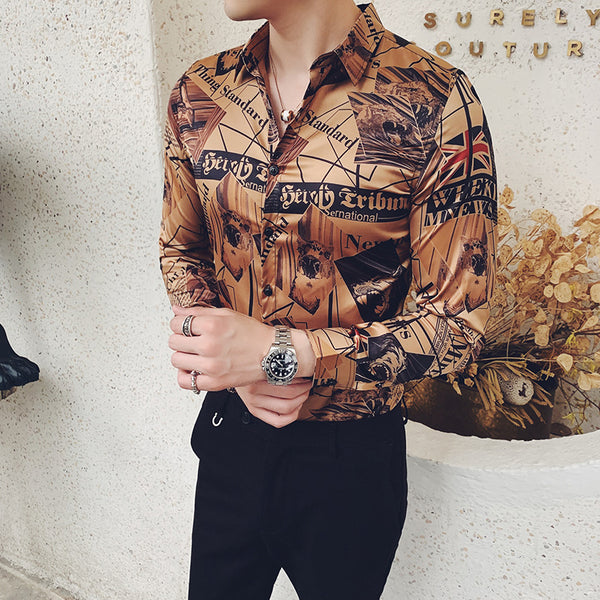 Gold Newspaper Printing Shirt Man Long Sleeve Camisa Masculina Shirts ...