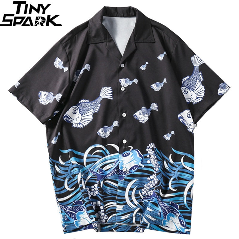 Harajuku Japanese Ukiyoe Shirt Streetwear Fish Print 2019 Hawaiian ...