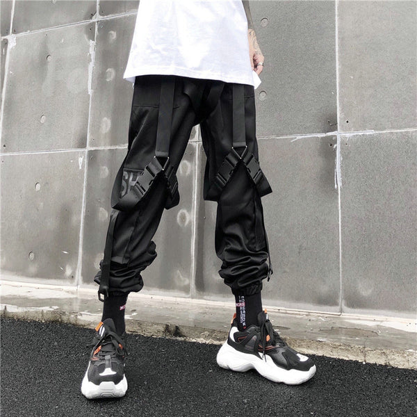 Men Hip Hop Black Cargo Pants joggers Sweatpants Overalls Men Ribbons ...