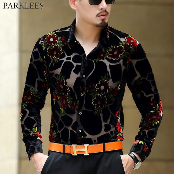 Luxury Brand Lace Shirt Men 2018 Floral Embroidery Transparent Mens ...