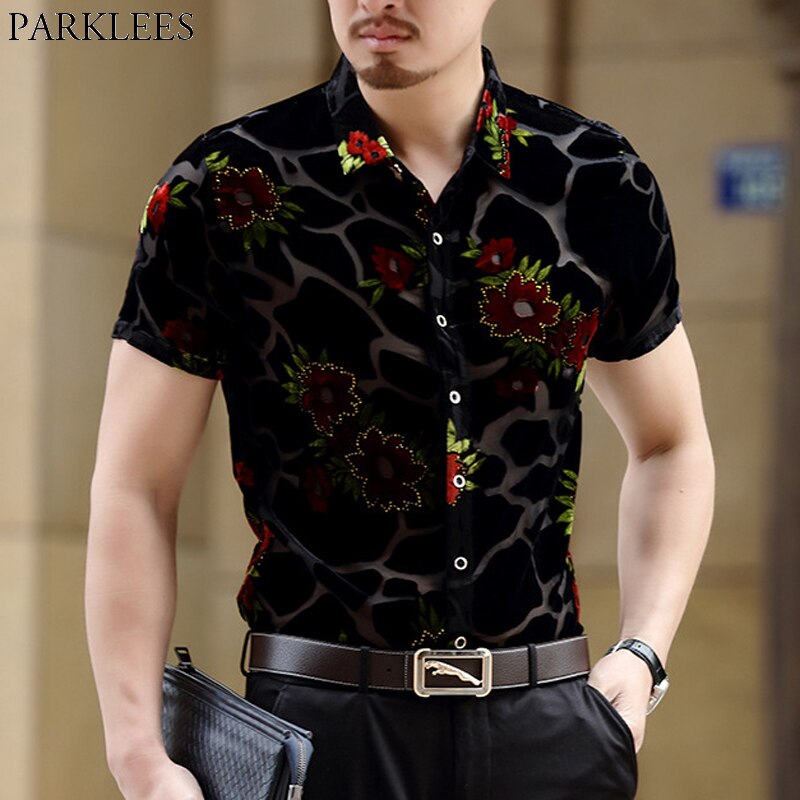 Men's Luxury Floral Embroidery Clubwear Dress Shirts Short Sleeve ...