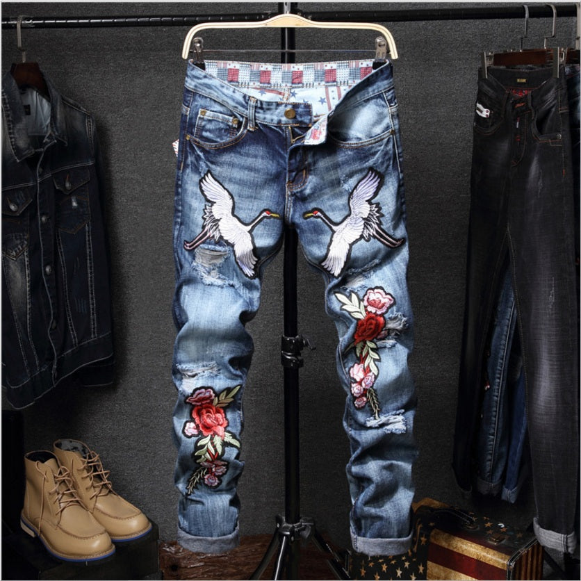 rose embroidered jeans mens