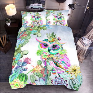 Owl Printed Bedding Set Cactus Tropical Duvet Cover Sets Queen