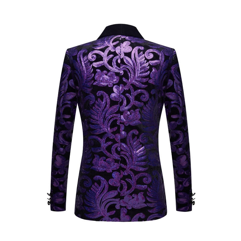 PYJTRL Men Plus Size Purple Black Velvet Floral Sequins Blazers Wedding ...