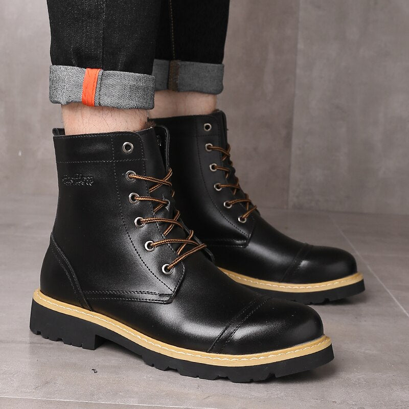 REETENE Men'S Winter Boots Leather Fashion Men Winter Boots Mid-Calf ...