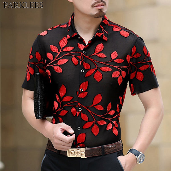 Red Leaves Embroidery Transparent Shirt Men Slim Fit Sexy See Through ...