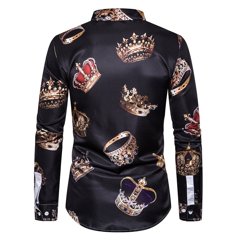 Royal Crown Print Black Shirt Men Luxury Casual Camisas Hombre Manga ...