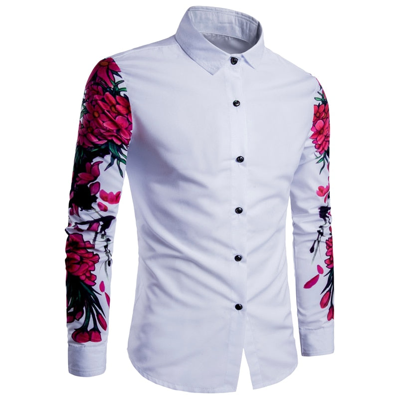 Spring Floral Print Men Shirts Long Sleeve Casual Black Retro Social ...