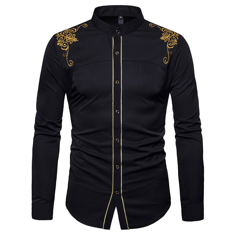 Stand Collar Mens Dress Shirts 2018 Brand New Gold Flower Embroidery ...