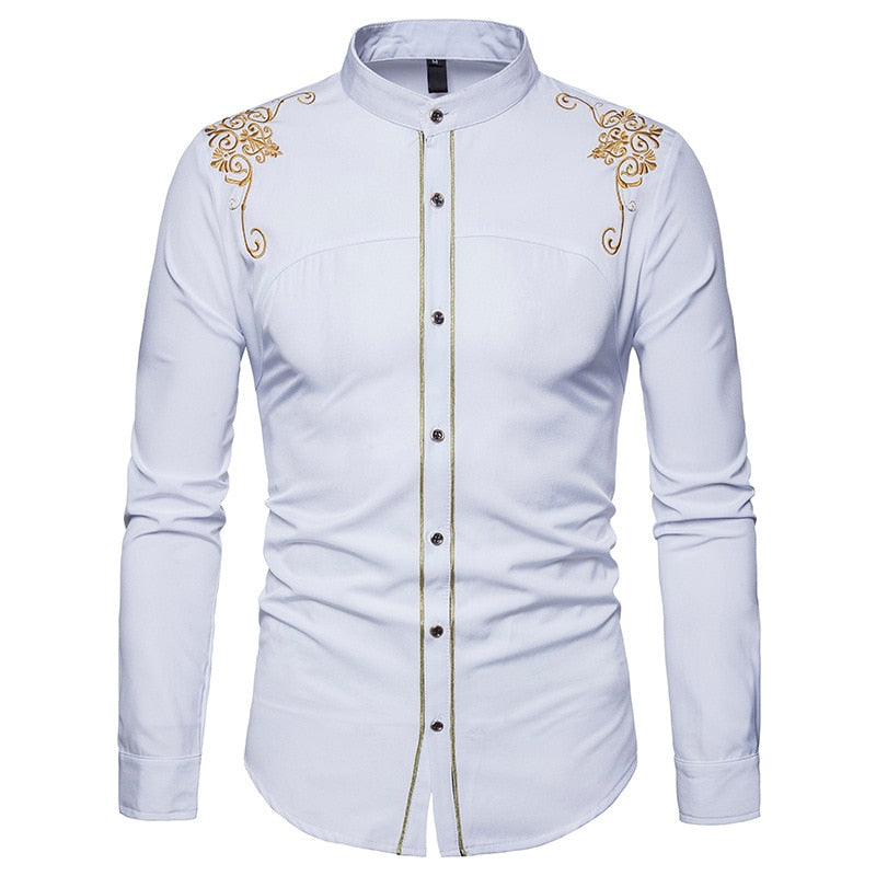 Stand Collar Mens Dress Shirts 2018 Brand New Gold Flower Embroidery ...