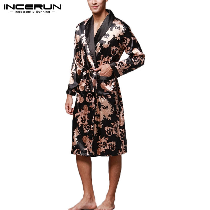Stylish Men's Bathrobe Silk Kimono Long Sleeves Robe Chinese Lucky ...