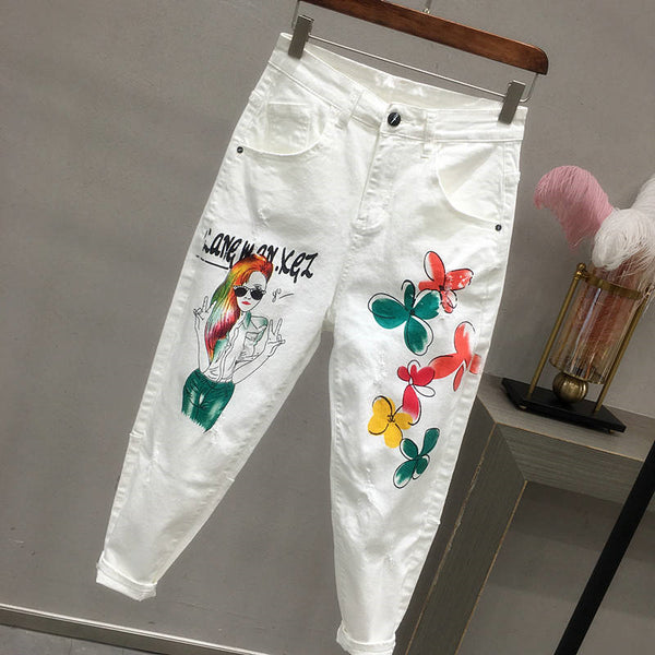 Summer Spring Women denim jeans Cartoon Graffiti flowers print skinny ...