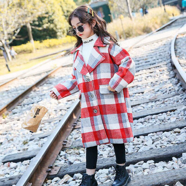 Teenage Girls Wool Coat Winter Thick Plaid Overcoat Kids Jacket for ...