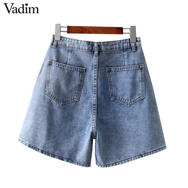 Vadim women solid wide leg denim shorts high waist zipper design ...