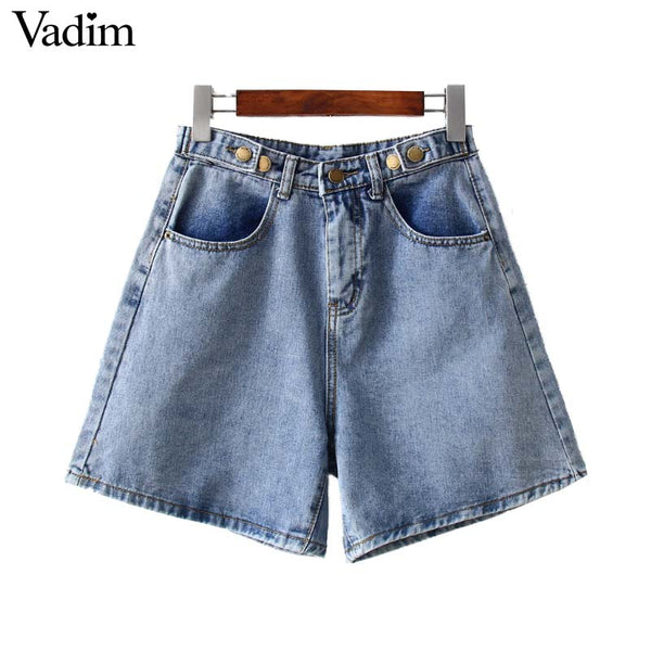 Vadim women solid wide leg denim shorts high waist zipper design ...