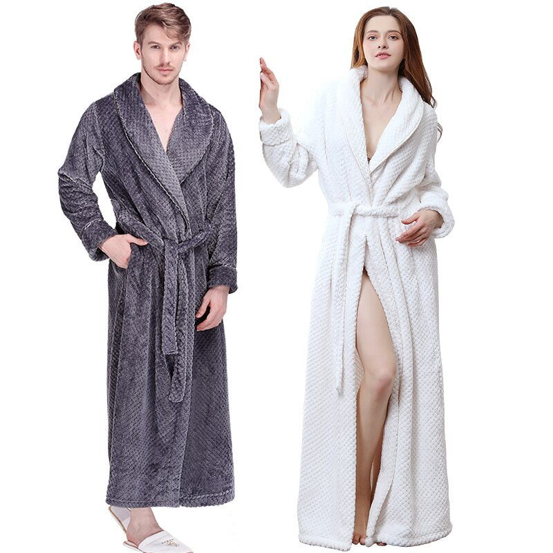 Women Men Extra Long Warm Grid Flannel Bath Robe Winter Kimono Bathrobe ...