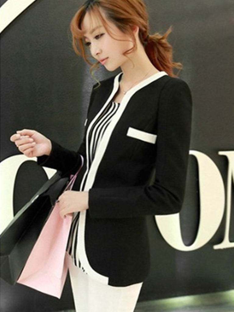 Women Short Blazer Black White Color Block Long-sleeve Short Jacket ...