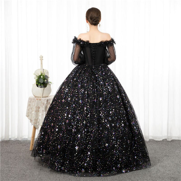 black Floral Print Quinceanera Dresses A-line half Sleeve lace up ...