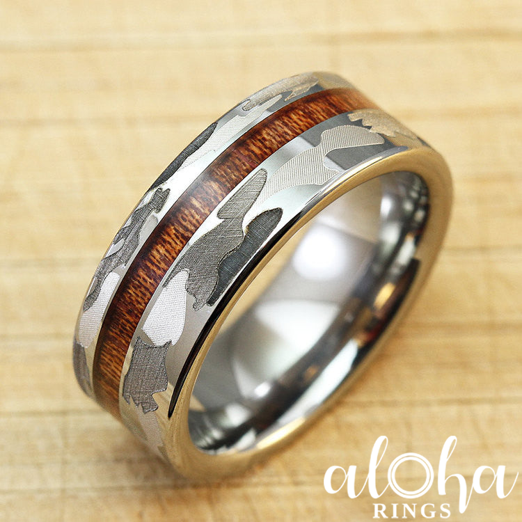 Camo Pattern Tungsten Carbide Ring with Koa Wood Inlay - 8mm, Flat Shape, Comfort Fitment (DISCONTINUED)