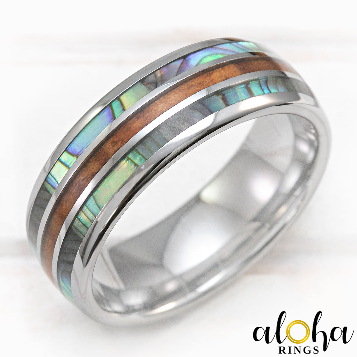 Tungsten Carbide 8mm Ring with Abalone Shell & Hawaiian Koa Wood Tri-Inlay (Shell-Wood-Shell) - Dome Shape, Comfort Fitment
