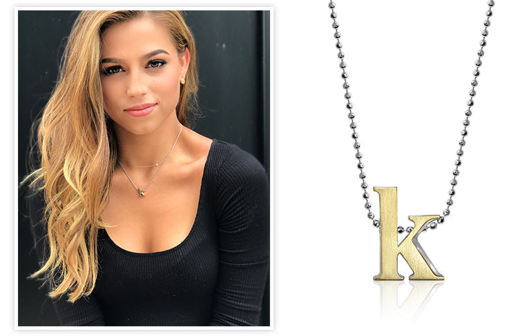 Bachelor contestant Kristina Schulman wearing Alex Woo Little Letter K in two-tone 18kt Yellow Gold and Sterling Silver