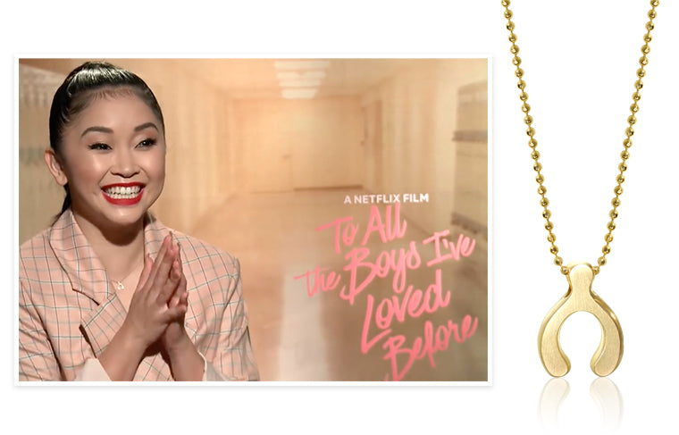 Netflix Film 'To All the Boys I've Loved Before' Actress Lana Condor wearing Alex Woo Little Luck Wishbone in 14K Yellow Gold