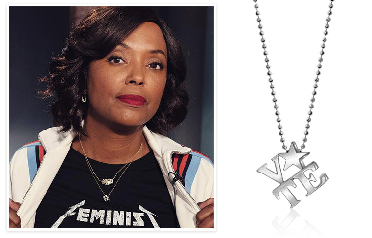 Unapologetic Aisha Tyler wearing Alex Woo Little Activist VOTE